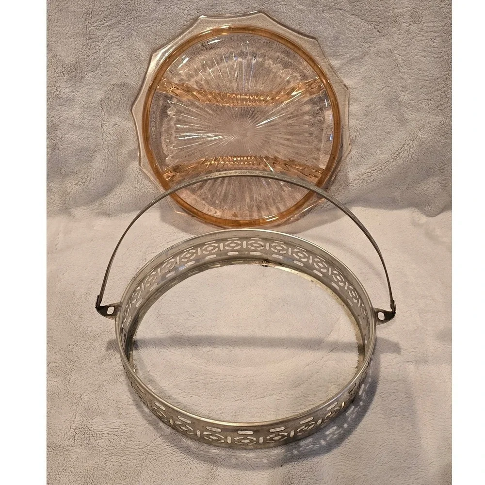 Vintage Pink Depression Glass‎ Divided Relish Dish Silver Filigree Handle Caddy